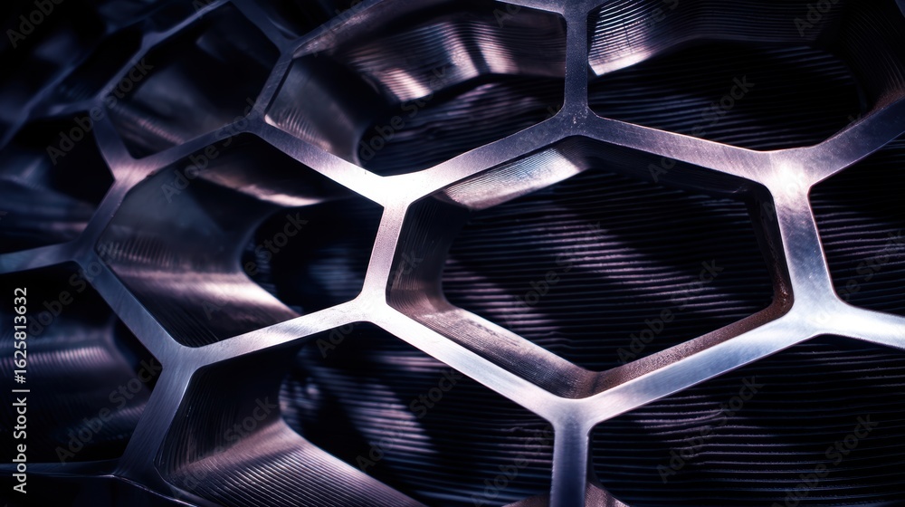 Poster air filter technology and innovation concept, abstract metallic hexagonal pattern with dark backgrou