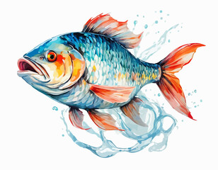 Fototapeta premium The fish's body is covered in detailed, shimmering scales that transition in color from a vibrant, metallic blue-green on its back to a softer, pearlescent white on its underside. Its head, gills, an