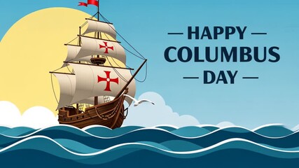 Sailing ship celebrating columbus day on waves under sunny skies with seagulls - Powered by Adobe