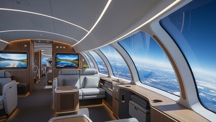 Fototapeta premium The luxurious interior of a futuristic airship or high-altitude travel vessel, featuring large panoramic windows with a view of Earth's atmosphere and modern design.