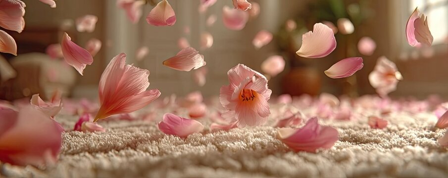 Lily breeze with cushion carpet concept. Delicate pink petals scattered on a soft carpet for decoration. - Powered by Adobe
