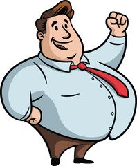 Cartoon vector illustration of confident overweight businessman smiling and raising fist, successful happy office worker character in business attire