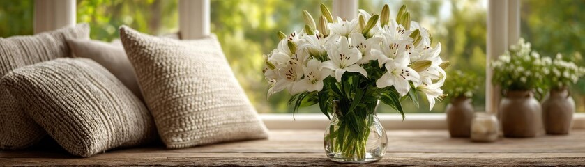 Lily breeze with cushion carpet concept. Beautiful white lilies in a vase on a sunny window sill.