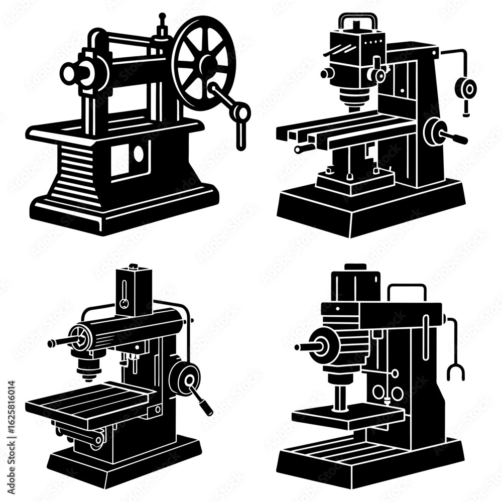 Poster illustration showing four different types of milling machines with various designs in black and whit