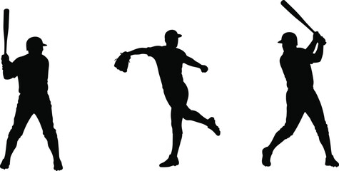 Baseball players silhouette vector, batting pose, pitching stance, sports team action, athletic game movement, competitive match design clipart