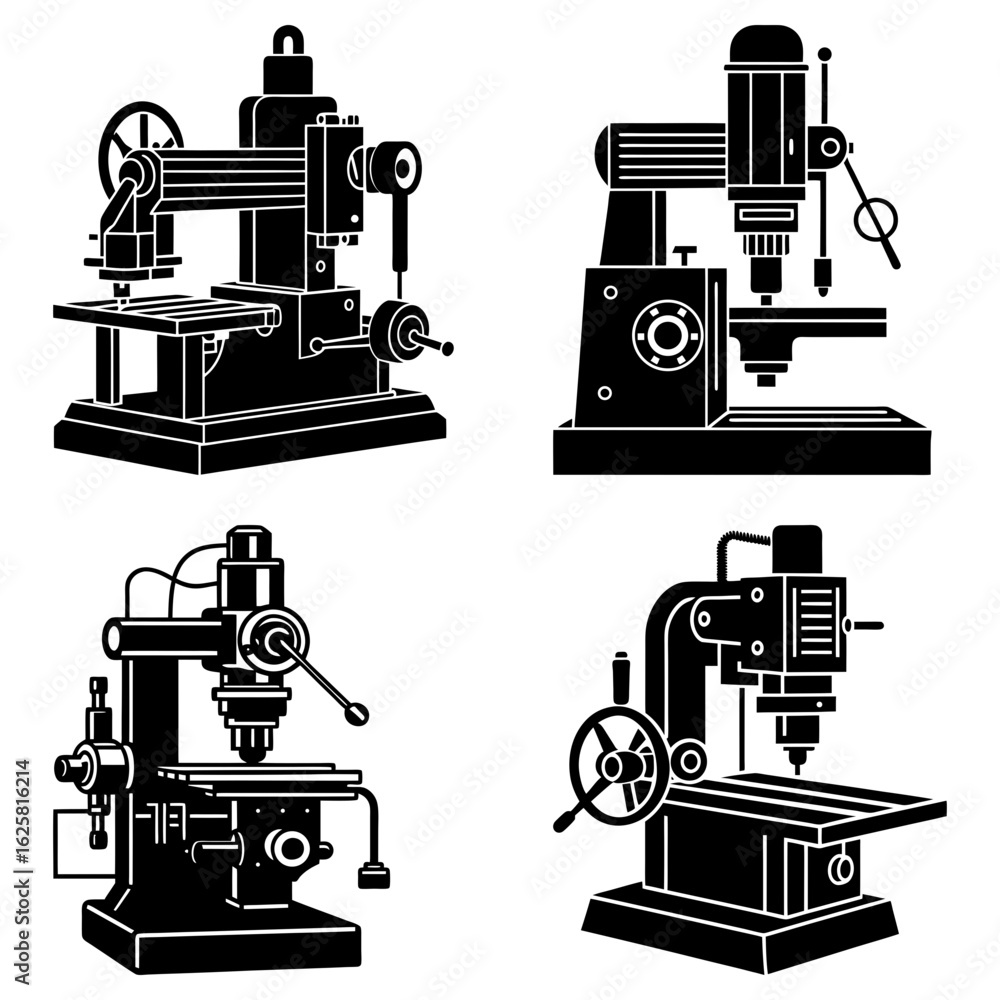 Poster four milling machines in black and white showing different angles and designs in a single compositio