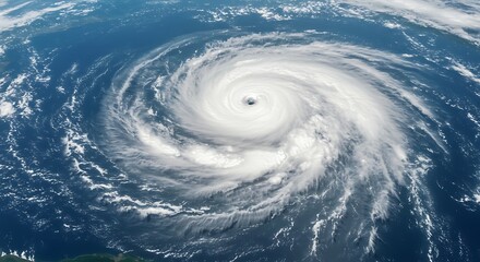 A spectacular satellite view of a massive hurricane, a tropical cyclone swirling over the vast ocean with a clear eye.