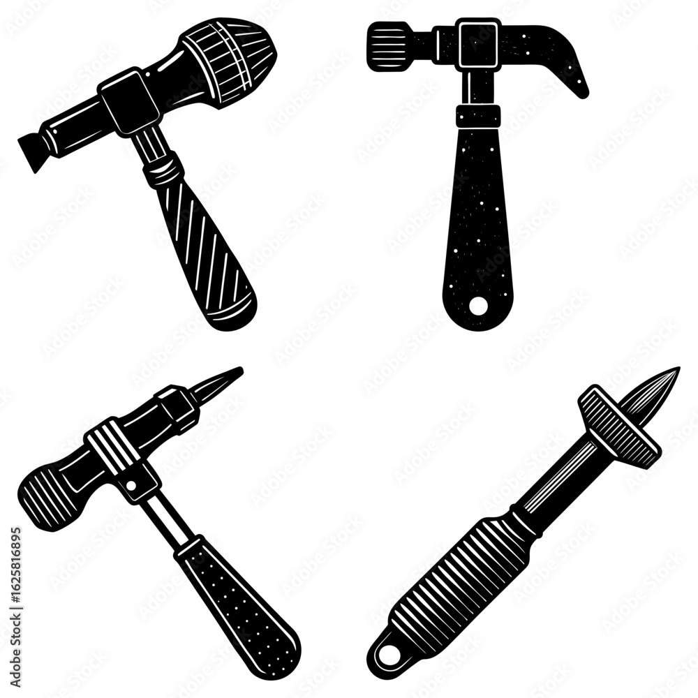 Poster illustration of four different types of hammers in black and white with varying handle designs and h