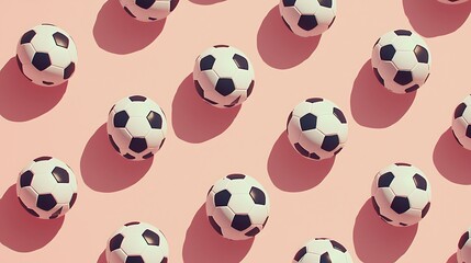 2. Single-layer flat lay of soccer balls evenly spaced over a light background with delicate shading