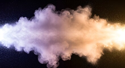 Abstract cloud of colored powder against a black background with particles dispersed in the air.