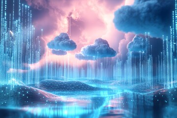 data clouds drifting above geometric landscapes, binary code flowing like water, clean digital concept 
