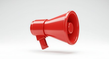 A vibrant red megaphone or bullhorn isolated on a clean white background. Symbol of announcement, communication, and broadcasting.