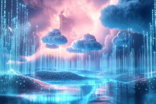 data clouds drifting above geometric landscapes, binary code flowing like water, clean digital concept 
