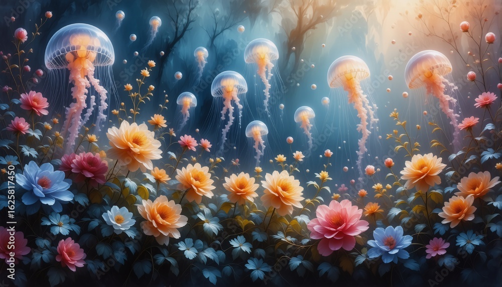 Poster dreamy background with jellyfish floating over colorful flowers. magical and whimsical scene with gl