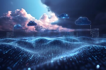 data clouds drifting above geometric landscapes, binary code flowing like water, clean digital concept 
