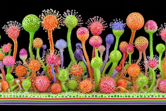 Colorful, textured fungi-like forms, densely packed, on a rainbow-hued base - Powered by Adobe
