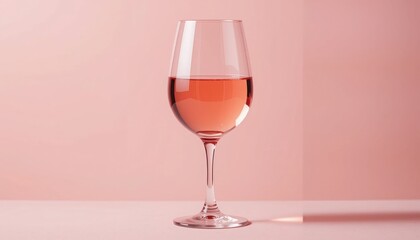 Clear glass goblet filled with pink rose wine against a soft pink background wine glass pink wine