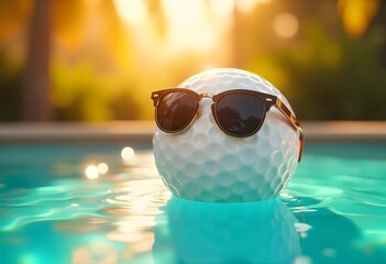 Animated golf ball wearing sunglasses and floating in a swimming pool.