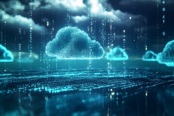 data clouds drifting above geometric landscapes, binary code flowing like water, clean digital concept 
