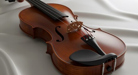 Fototapeta premium Classical stringed instrument with a warm wood finish rests elegantly on a soft, white draped surface.