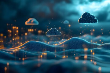 data clouds drifting above geometric landscapes, binary code flowing like water, clean digital concept 
