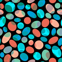 Simple abstract geometric mosaic seamless pattern Colorful dynamic falling layered ovals, circles, rounded shapes, sweets, pebbles, eggs Black background