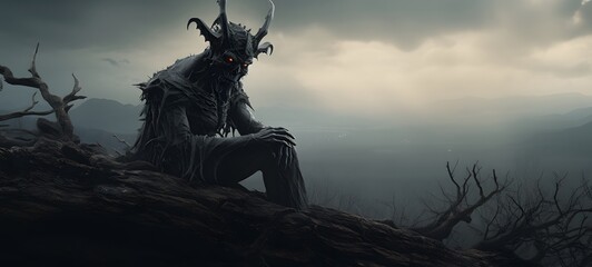 Fototapeta premium A haunted gothic devil perched on a wind-swept hill,generative AI