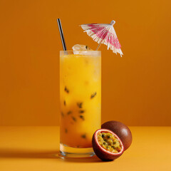 mango and passion fruit cocktail, presented in a visually appealing and tropical style. The photograph is designed to evoke feelings of freshness, relaxation, and indulgence
