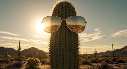 Cool cactus wearing sunglasses reflects desert landscape in its lenses, Arizona scenery at sunset.