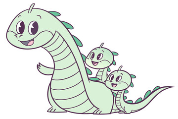 Fototapeta premium Baby hydra cartoon, multiple tiny heads, simple vector style, soft green color, happy face