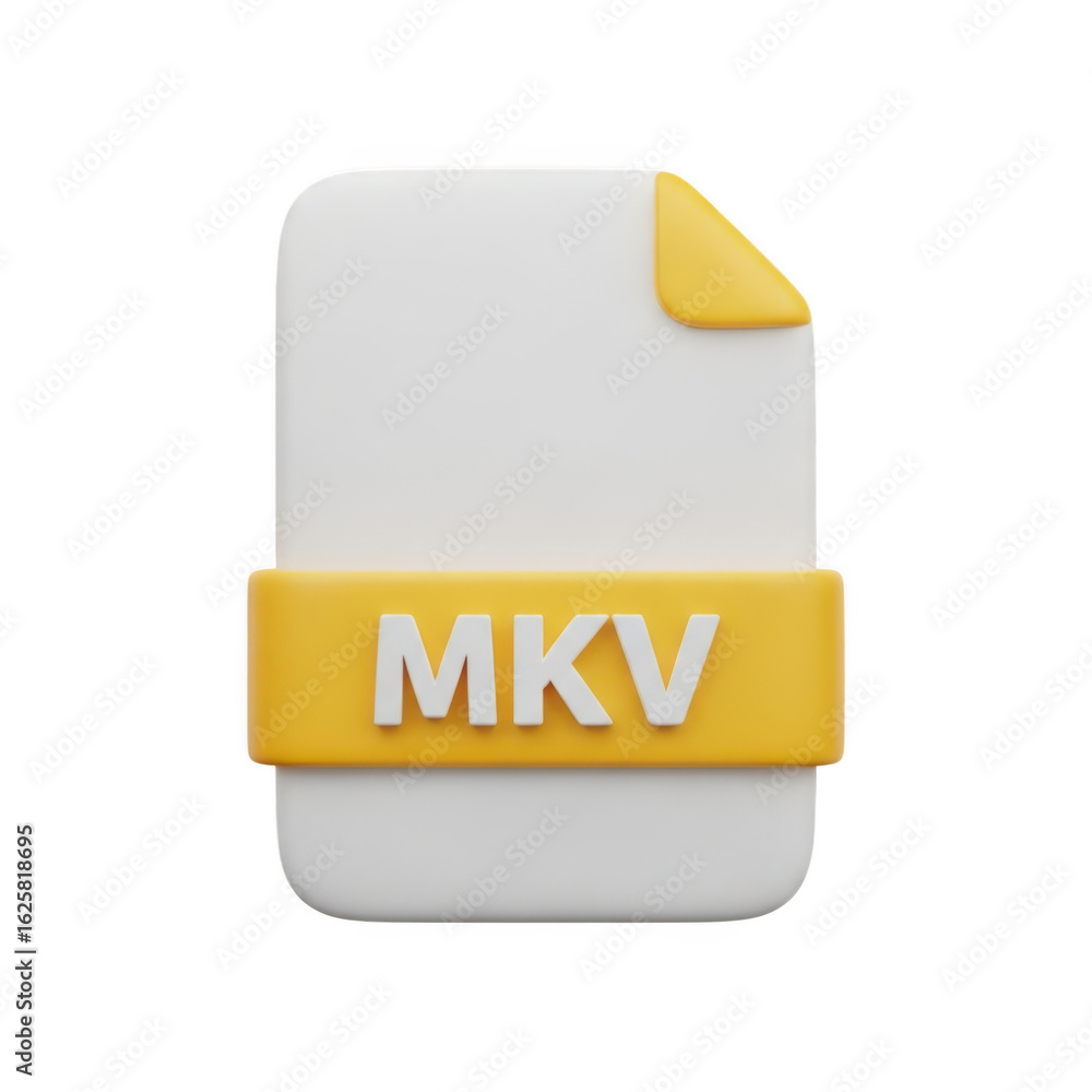 Poster 3d icon of mkv file format icon with a yellow banner and folded corner, isolated on transparent back