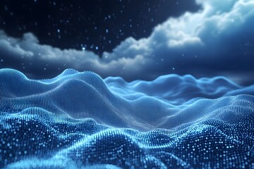 data clouds drifting above geometric landscapes, binary code flowing like water, clean digital concept 
