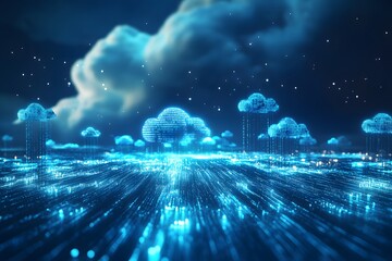 data clouds drifting above geometric landscapes, binary code flowing like water, clean digital concept 
