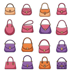 Collection of diverse stylish handbags and purses in various colors and designs