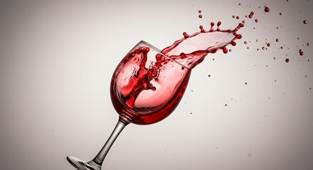 Fototapeta premium Red liquid splashing out of a clear glass, frozen mid-air, creating a dynamic and visually appealing image.