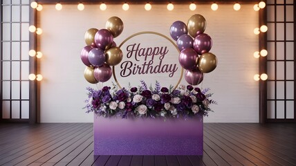 Elegant happy birthday party backdrop with purple flowers and golden balloons