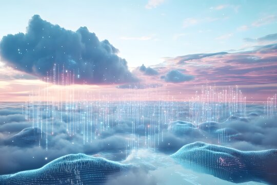 data clouds drifting above geometric landscapes, binary code flowing like water, clean digital concept 
