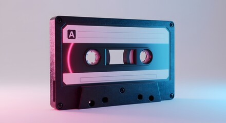 Obraz premium Retro audio cassette tape with neon lighting, showcasing classic music nostalgia and vintage aesthetics.