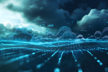 data clouds drifting above geometric landscapes, binary code flowing like water, clean digital concept 
