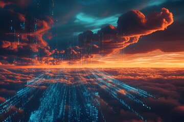 data clouds drifting above geometric landscapes, binary code flowing like water, clean digital concept 
