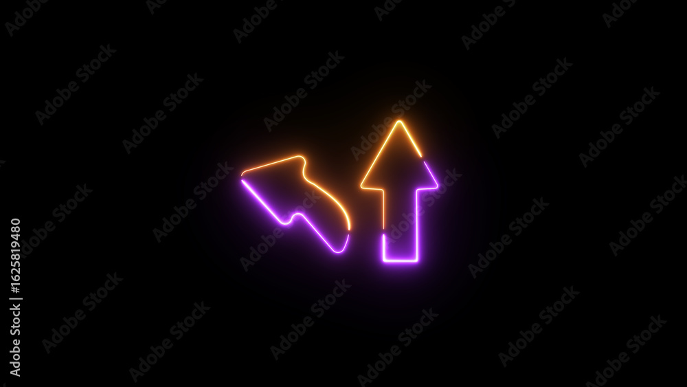 Poster left and up direction neon arrow icon on the black background. arrow points to left and up.
