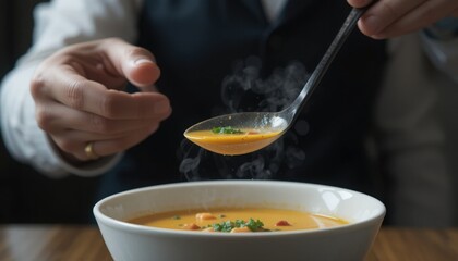 Person holding spoon with steaming orange soup and parsley garnish over white bowl hand