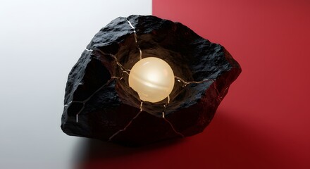 A luminescent sphere nestled within a fractured stone, held together by delicate, metallic lines.