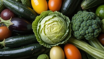 Overhead view of fresh green and purple vegetables including cabbage broccoli zucchini eggplant and tomatoes