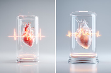 Artificial Heart Displayed in Glass Cylinder with ECG Signal