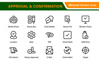Approval and Confirmation minimal thin line icons. Related accept, certified, agreements, validation, confirmation.