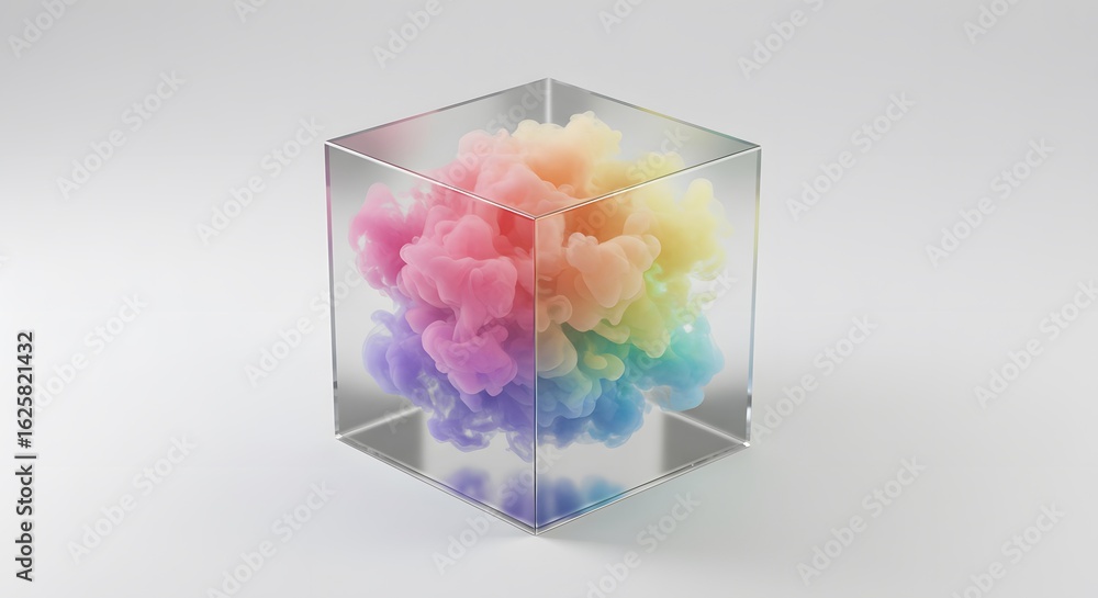 Poster rainbow cloud in a cube: a vibrant display of colors suspended within a transparent cube.