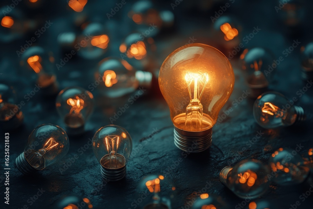 Poster an illuminated light bulb stands out among dim, burnt-out bulbs, creating a captivating visual contr