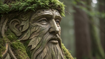 Obraz premium Wood and moss hybrid sculpture resembling ancient forest deity face