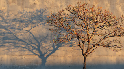Bare Tree Silhouette Against a Textured Wall at Sunset